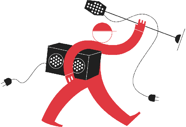 A graphics of a man carrying a speaker and a mike