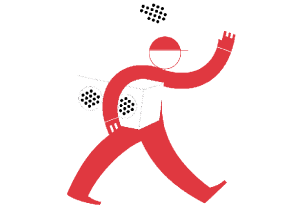 A graphics of a man carrying a speaker and a mike